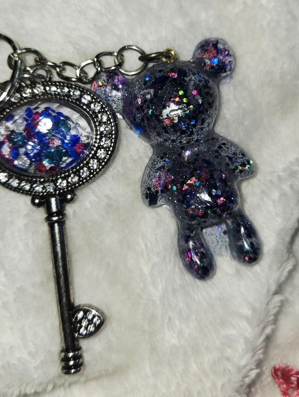 Handmade Blue Glitter Bear Keychain with Decorative Key Charm